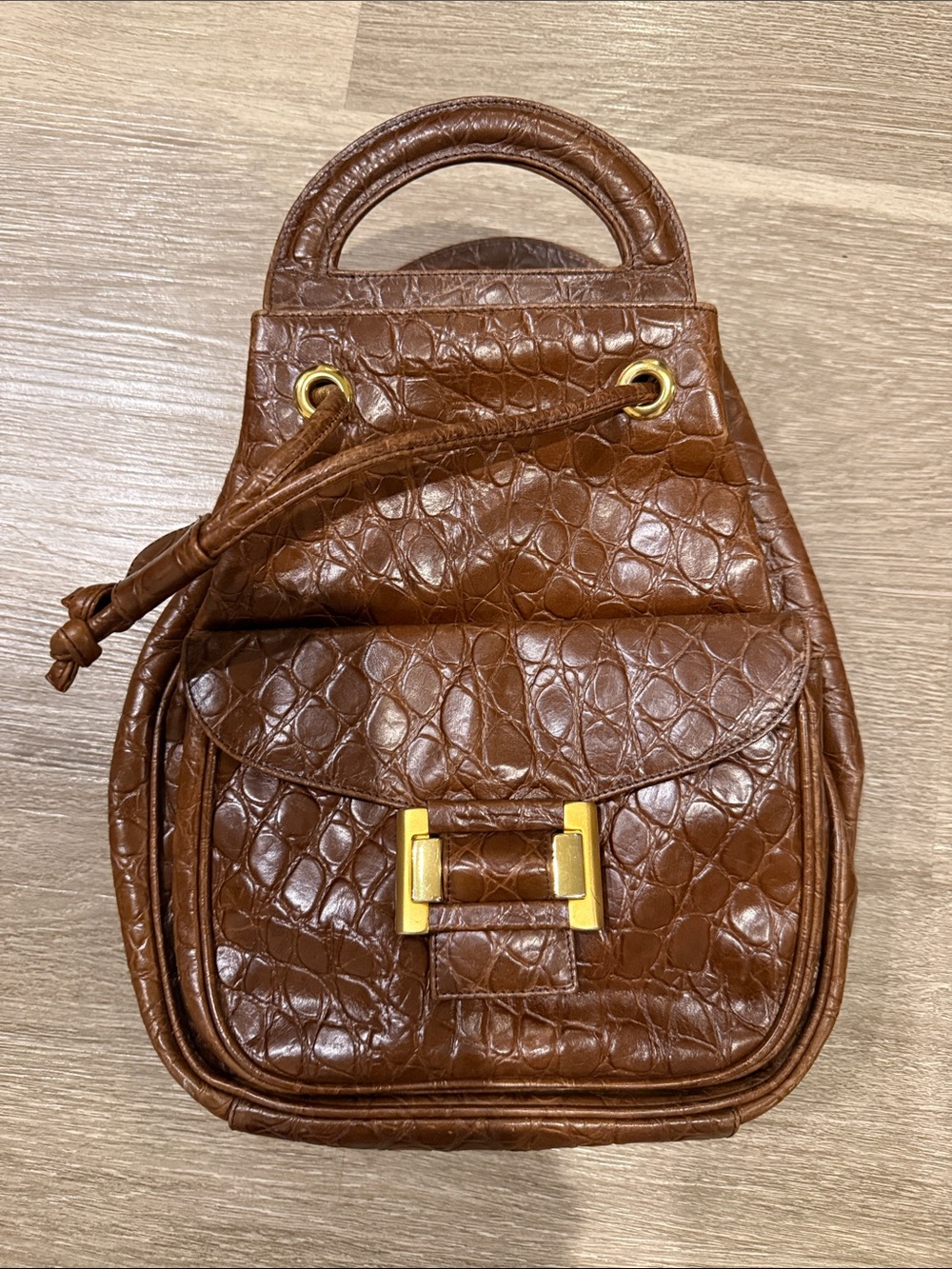 Rodo Italy Chocolate Brown Croc-Embossed Mini Tote Bag with Gold Accent
